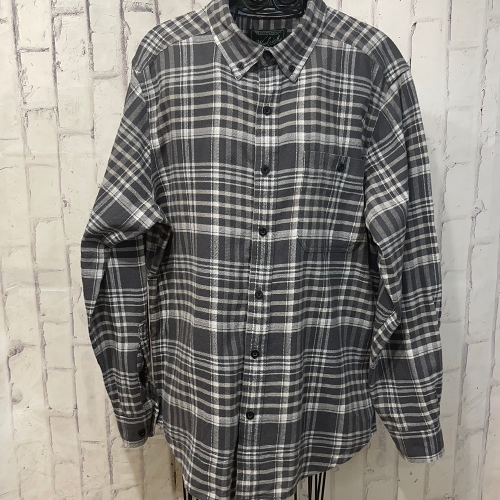 Woolrich Trout Run Flannel Shirt Grey Plaid 100% Cotton Long Sleeve Button-Down